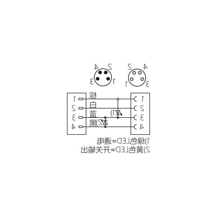 M8 4Pin, female 90° with LED light turn male straight, double end precast PUR flexible cable, black sheath, 63D181-XXX